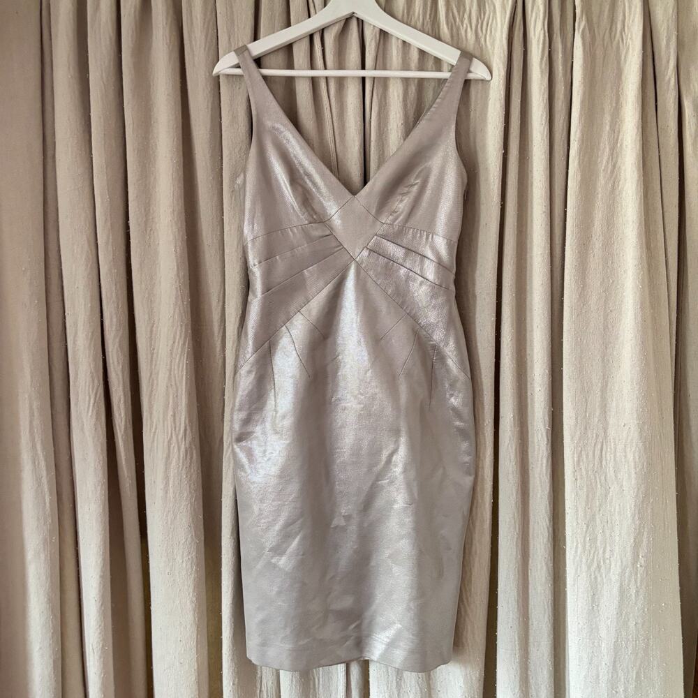 Karen Millen Silver Metallic Bodycon Dress V-Neck Bandage US 6 UK 10